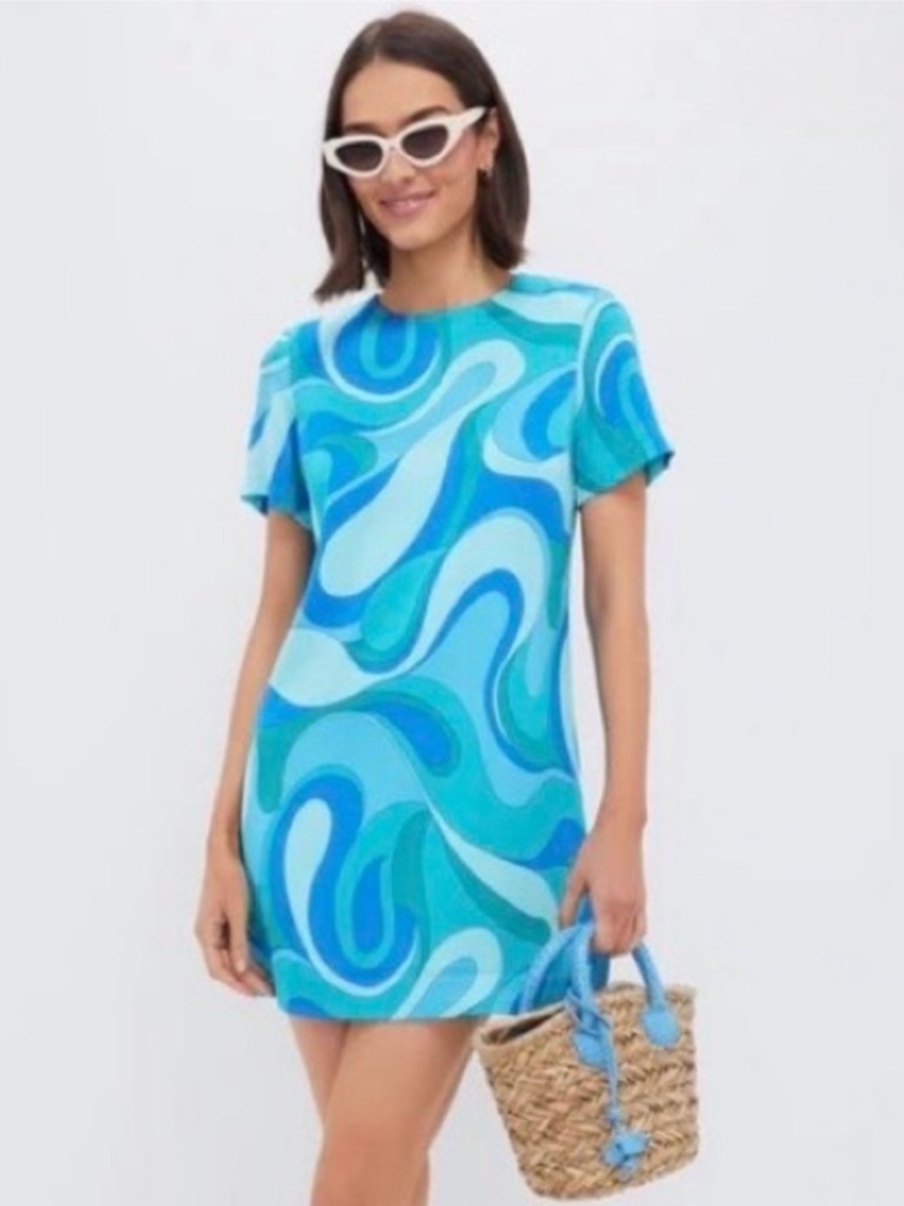 Hyacinth House Retro Swirl Geo Duffy Dress in Teal & Aqua 🩵